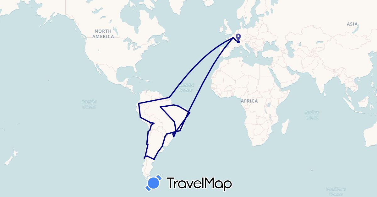 TravelMap itinerary: driving in Argentina, Bolivia, Brazil, Switzerland, Chile, Ecuador, France, French Guiana, Peru (Europe, South America)